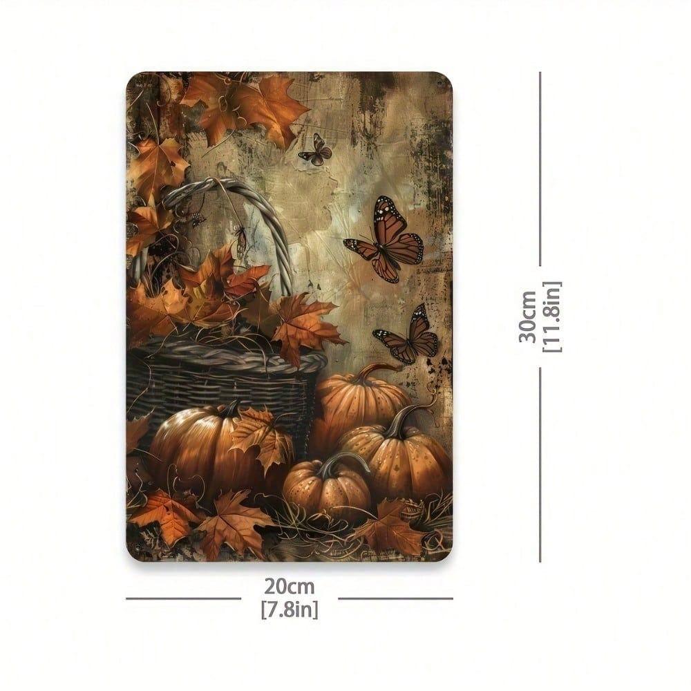 Vintage Autumn Metal Tin Sign 8x12 Inch Rustic Farmhouse Wall Decor, Retro Harvest Pumpkin Butterfly Leaf Seasonal Home Decoration