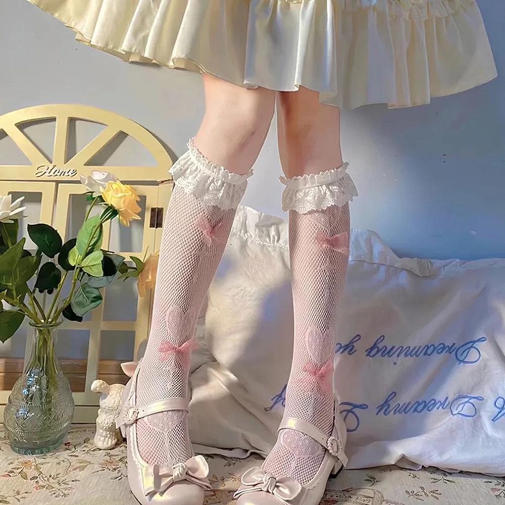 Lolita JK Love Bow Lolita Lace Long Socks Calf Jk Stocking Female Summer Lace Socks Harajuku Accessories Knee High JK Socks