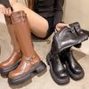 Metal Buckle Square Toe Knee High Boots Women Black PU Leather Punk Long Boots Woman Autumn 2025 Chunky Heels Motorcycle Booties