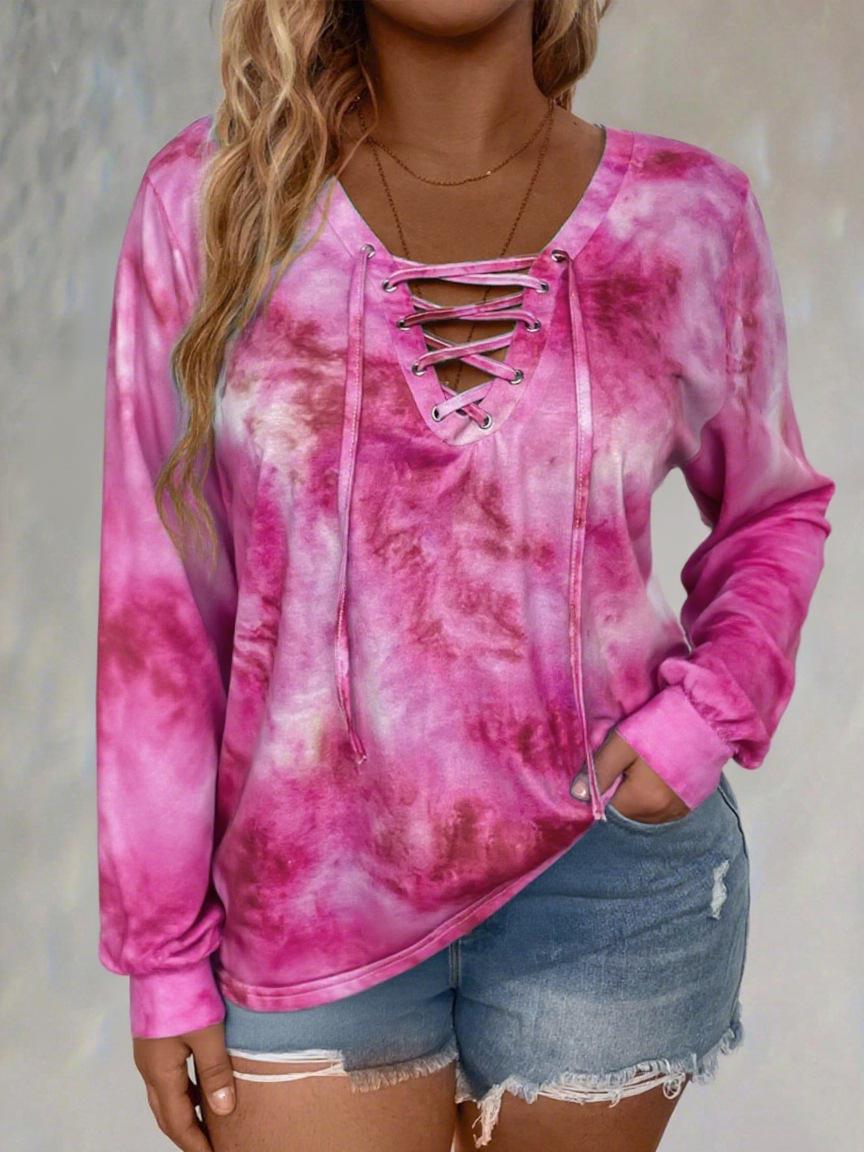 Женский топ большого размера с tie-dye, длинным рукавом и шнуровкой - Элегантная повседневная футболка для весны/осени/зимы 3XL яркий розовый