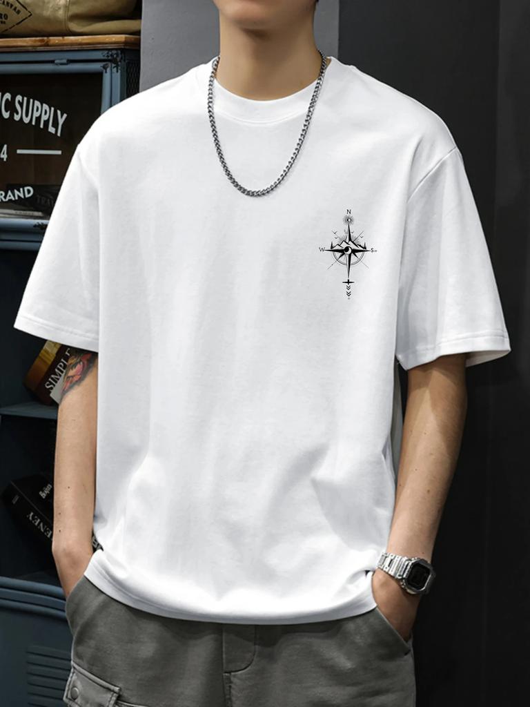 Mens TShirt White Compass Rose Printed Pattern  Text High Quality Cotton Tops Tees