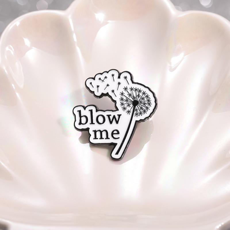 Elegant And Black White Enamel Brooch With Playful Dandelion Motif And Bloe Me Text Ideal For Unisex Accessories Fashion