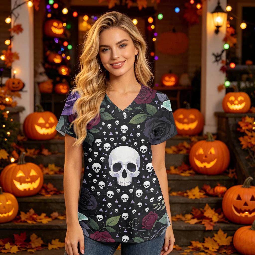 Damski top medyczny z dekoltem w serek, krótkim rękawem i kieszeniami, z nadrukiem Halloween, uniform opiekuna