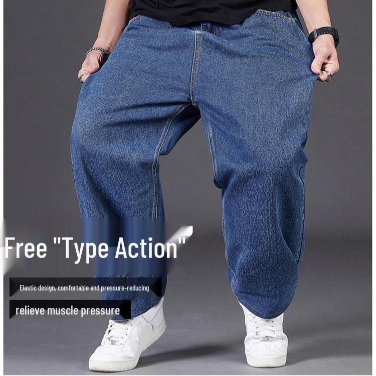 Pánské volné rovné džíny plus size - Široké nohavice s elastickým pasem na podzim