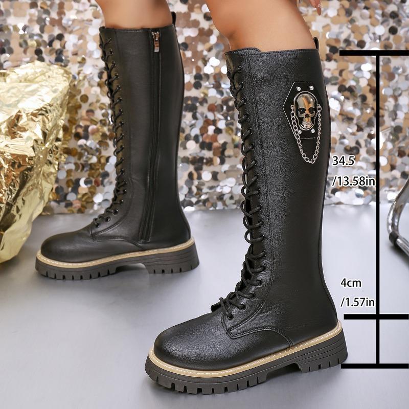 Plus Size Knight Boots Women's Winter 2025 New Round Toe Platform British Style Chain No More Than Knee Boots