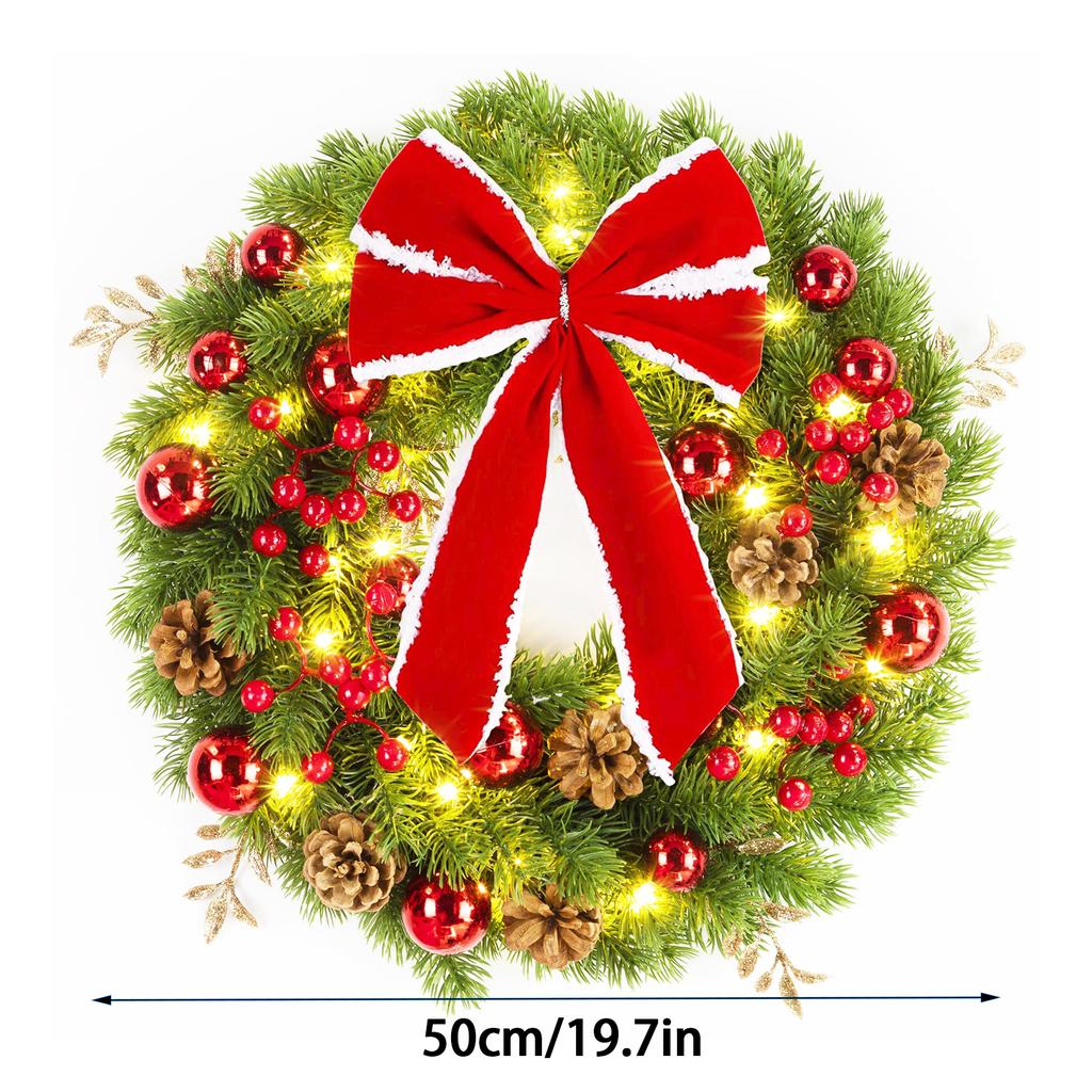 50cm Xmas Wreath Artificial Decorative Front Door Hanging Wreath with Light for Holiday Home Decor Type A