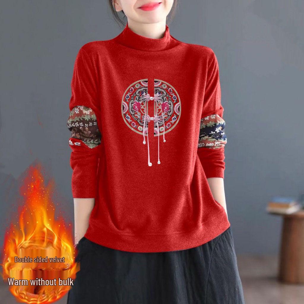 

Retro Ethnic Print Velvet Top: Warm, Long-Sleeved, Semi-High Collar, Loose Fit 2XL [130-145 jin]