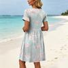 Women Short Sleeve Floral Print Crew Neck Casual Waist Dress With Pockets Loose Fit Summer Dress For Daily Wear