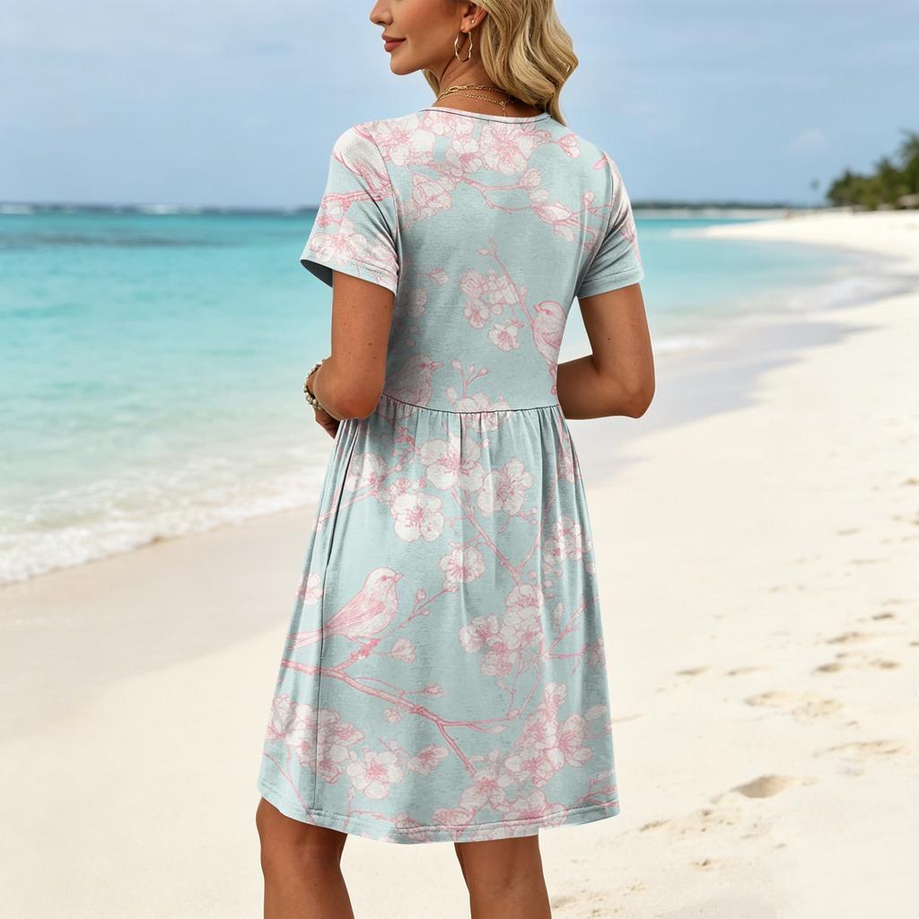 Women Short Sleeve Floral Print Crew Neck Casual Waist Dress With Pockets Loose Fit Summer Dress For Daily Wear