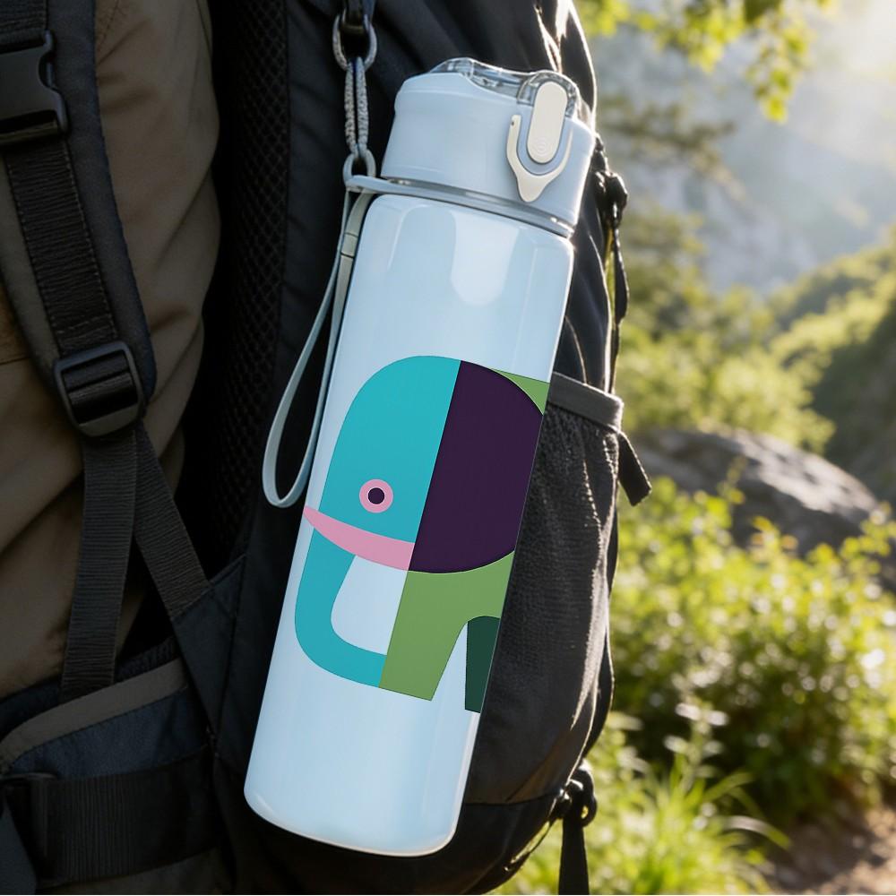 1PC Cute Multicolor Elephant Animal Print 750ml Color Plastic Sports Water Bottle Leakproof Flip Straw Lid Suitable for Sports Office Home Use