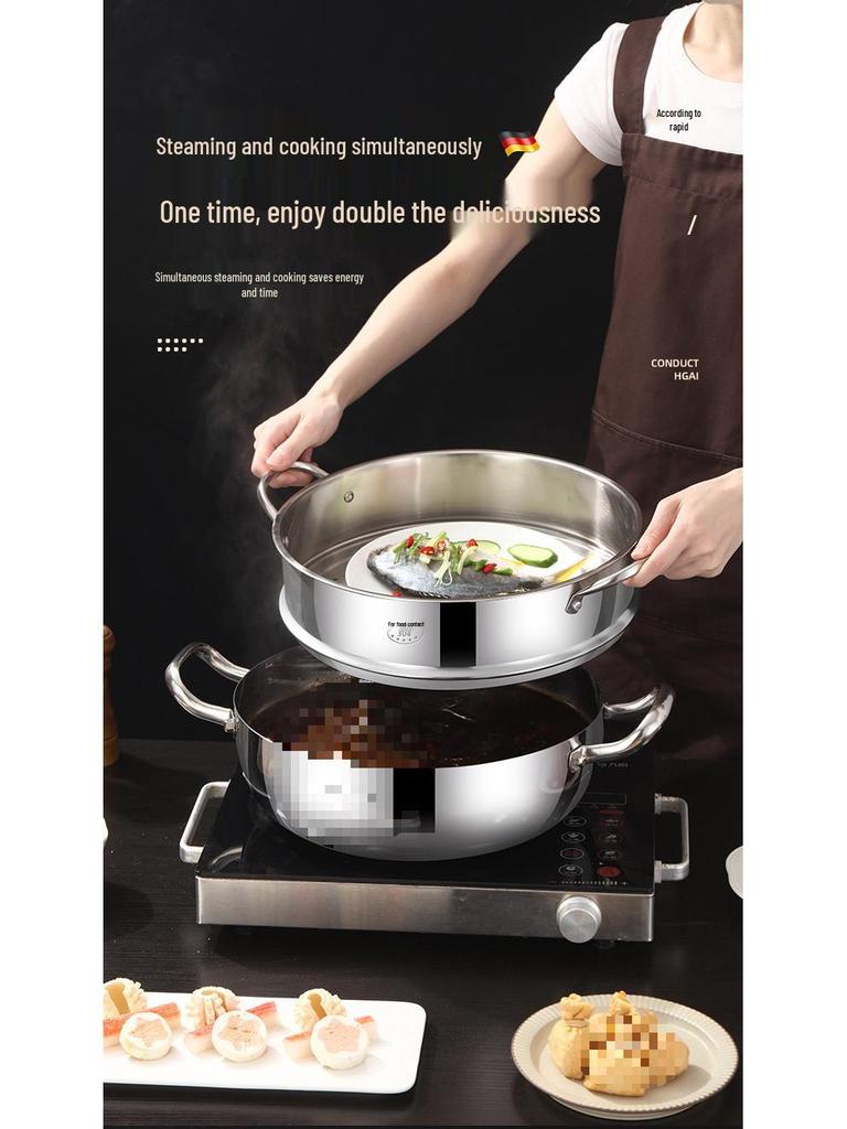 Extra Thick 316 Stainless Steel Double-Ear Hot Pot with Lid for Steaming & Stewing - Compatible with Induction & Gas Stoves