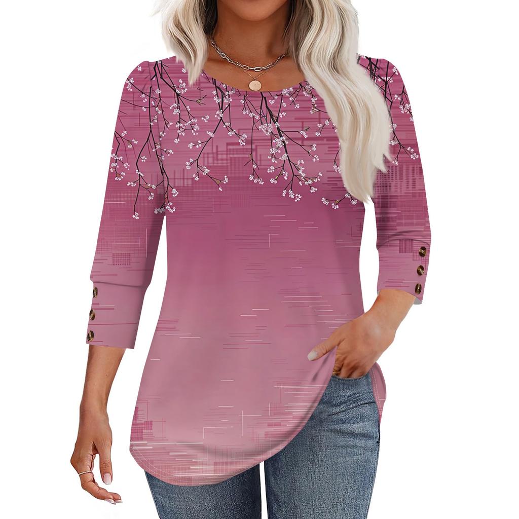 Women's Fashion Casual Floral Print Round Neck T-shirt Top With Seven Cuff Sleeves