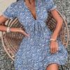 YYFS Women's Fashion Summer Spring Flower Pattern Print Short Sleeve V-Neck High Waist Casual Dresses