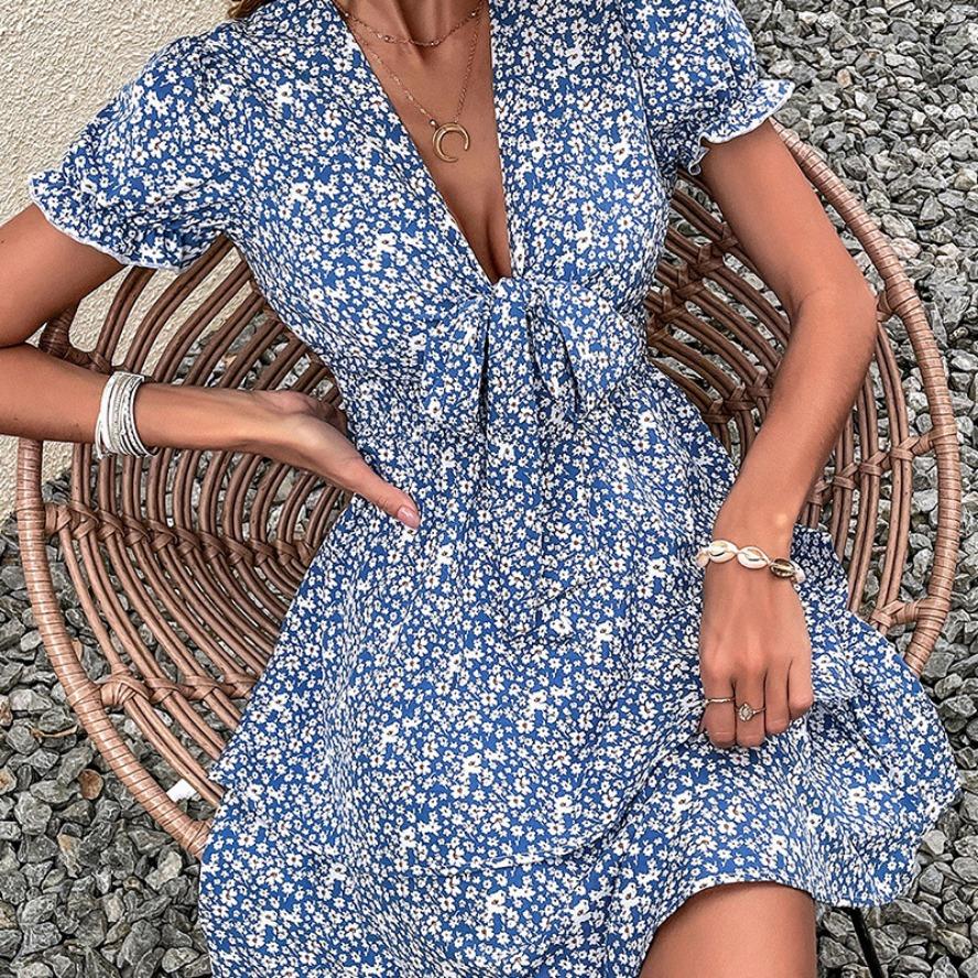 YYFS Women's Fashion Summer Spring Flower Pattern Print Short Sleeve V-Neck High Waist Casual Dresses