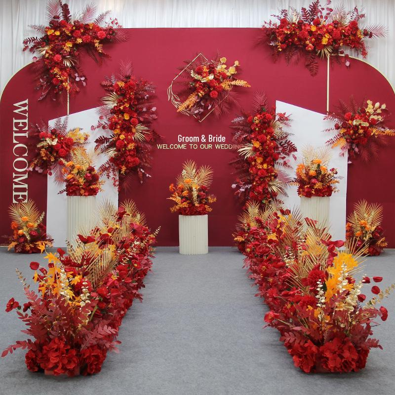 Red Theme Wedding Decoration Set: T-stage, Welcome Area, Ground Row, Aisle, and Flowers in Chinese Style.