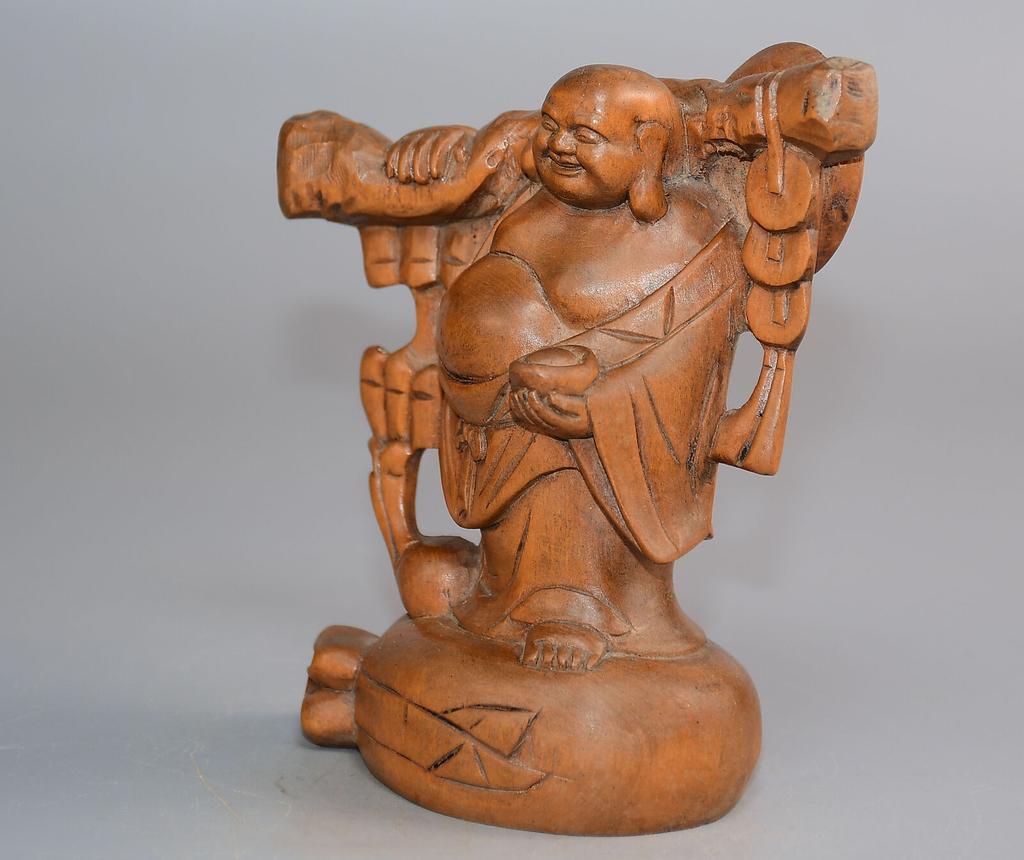 Chinese Antique Boxwood Wood Carving Maitreya Buddha Statue Collection Nice Art