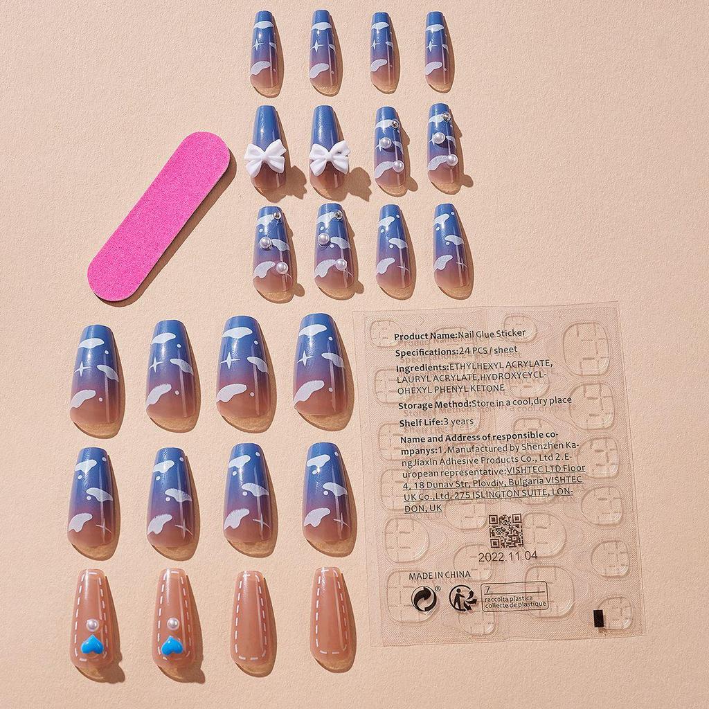 Handmade Long Coffin Heart Bowknot Luxury Wearable Nail Tips