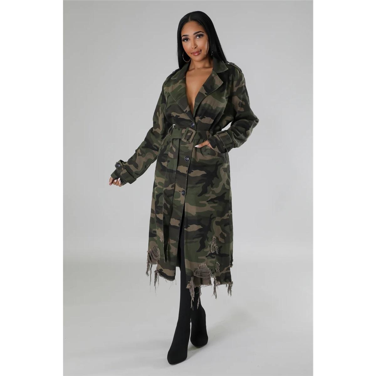 Women Camouflage Print Long Trench Coat
