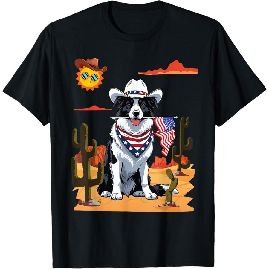 

Patriotic Cowboy Border Collie Dog With US Flag In Desert T-Shirt XXXXXL чорний