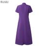 ZANZEA Women Casual Zipper Stand Collar Summer Short Sleeve Dress