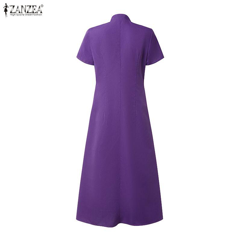 ZANZEA Women Casual Zipper Stand Collar Summer Short Sleeve Dress