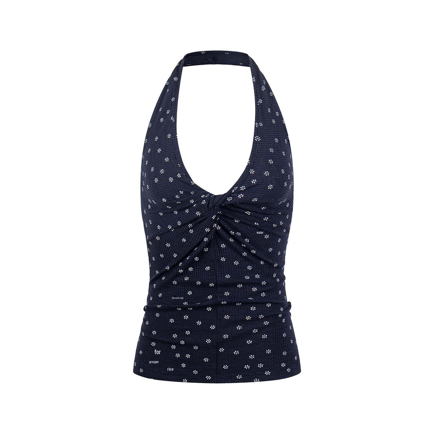 UNBDNS French Girl Floral V-neck Halter Bodycon Tank Top Small