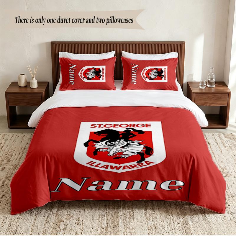 St George Illawarra Dragons Personalized Custom Name 3‑Piece Bedding Set Soft Duvet Cover Set For Bedroom Home Decor