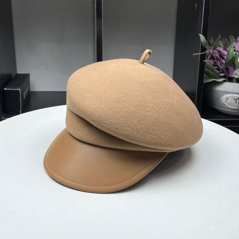 

Wool cap female face small asymmetrical octagonal hat leather brim beret Internet celebrity equestrian hat adjustable (54-57.5cm) верблюд