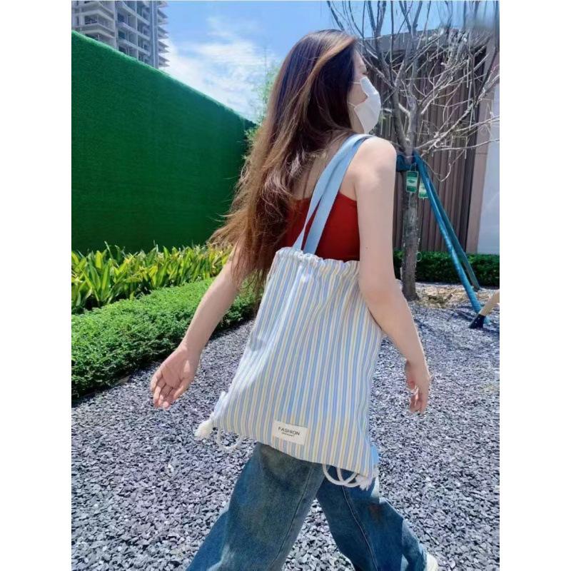 Canvas Casual Backpack Commuter Fresh New Drawstring Backpack Striped Large Capacity Shoulder Bag