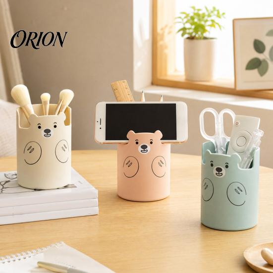 Plastic Pen Holder Cute Bear 2-in-1 & Phone Stand, Macaron Colors Desk Organizer, Large Cup with Socket Capacity Storage for Pens Makeup Brushes