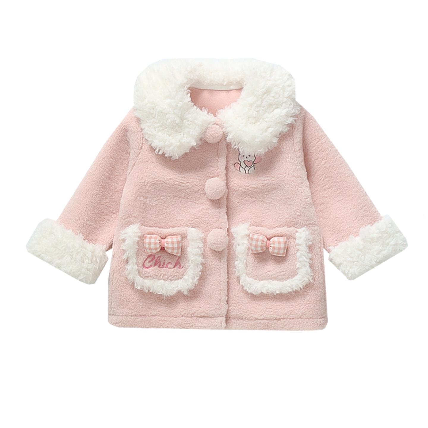 

Girls Pink Rabbit Ear Fleece-Lined Sweater Coat - Warm Winter Wear Fashion 100 cm
