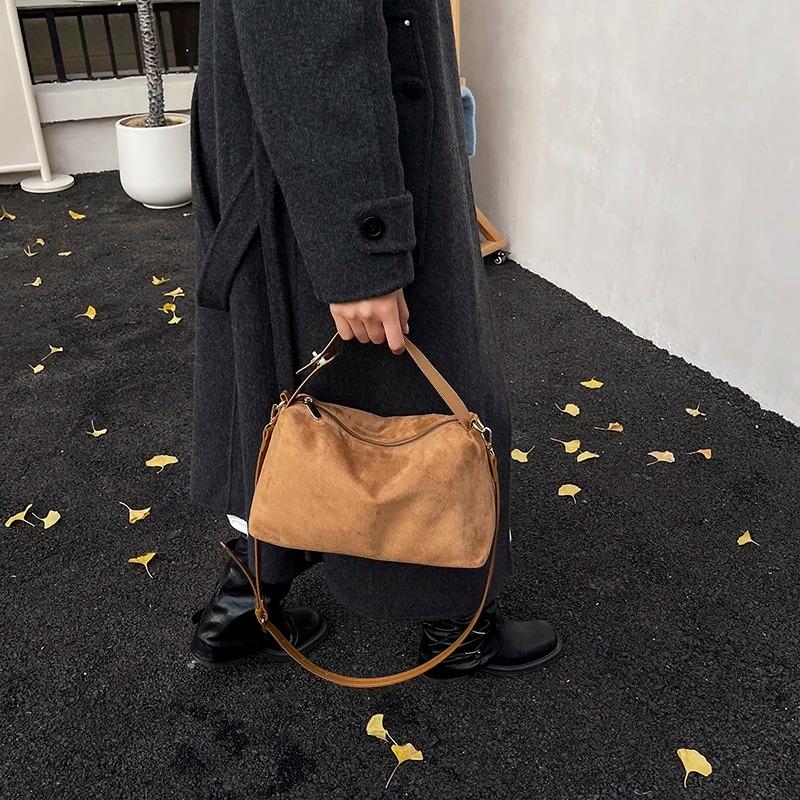 Faux Suede Solid Color Zipper Shoulder Bag 2026 Winter Exquisite Simple Casual Bags Durable for Daily Commuting Women's Handbags