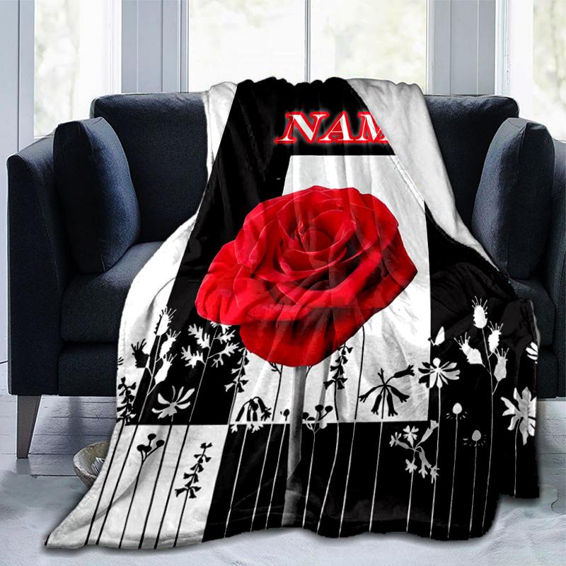 1PC Custom Name Rose Floral Art Flannel blankets Patterns Throw Blanket All-Season Soft Gift for Couch, Bed, Camping gifts