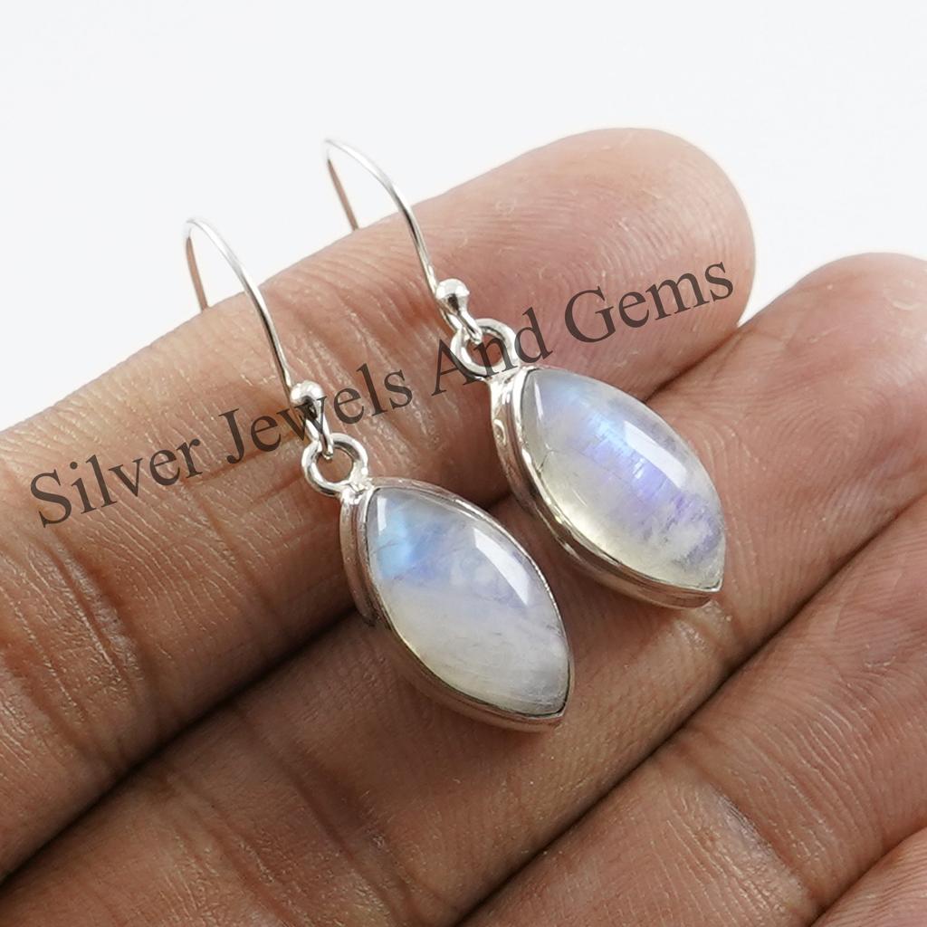 Natural Moonstone Earrings: Handmade 925 Sterling Silver Marquise Dangle