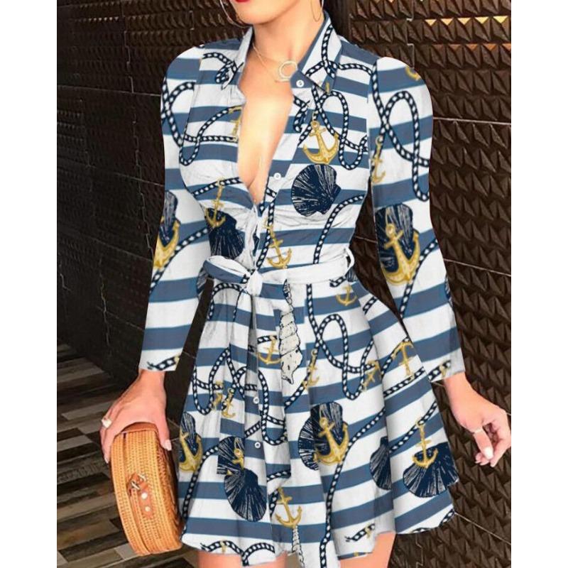Wish Hot Sale Long Sleeve Collar Strap Fashion Sexy Printed Dress Women