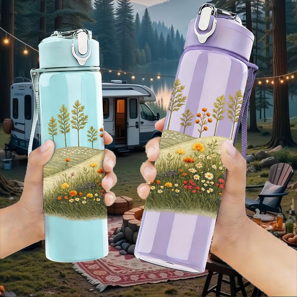 1PC Small Trees On Green Meadow Hill Print 750ml Color Plastic Sports Water Bottle Leakproof Flip Straw Lid Suitable for Sports Office Home Use