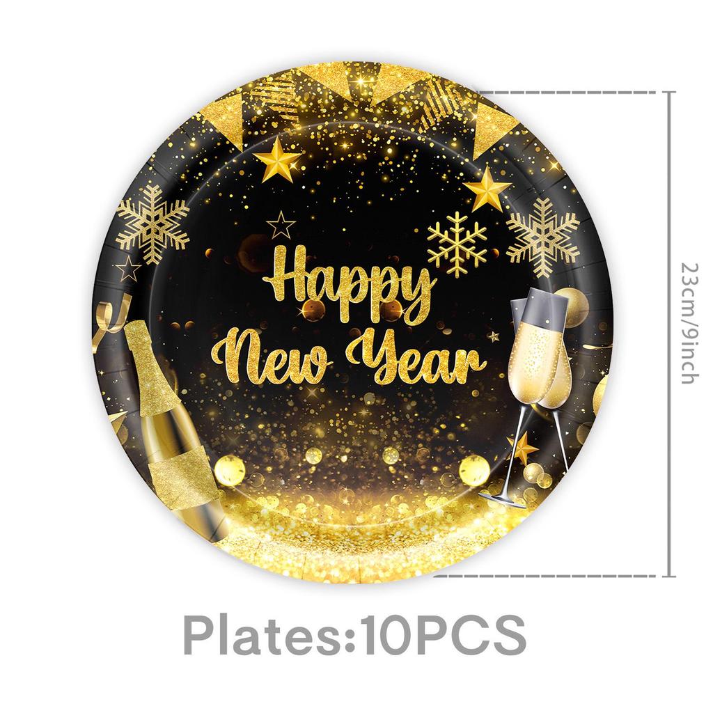 Black Gold New Year 2027 Party Decoration Set: Disposable Paper Plates, Napkins, and Cups.