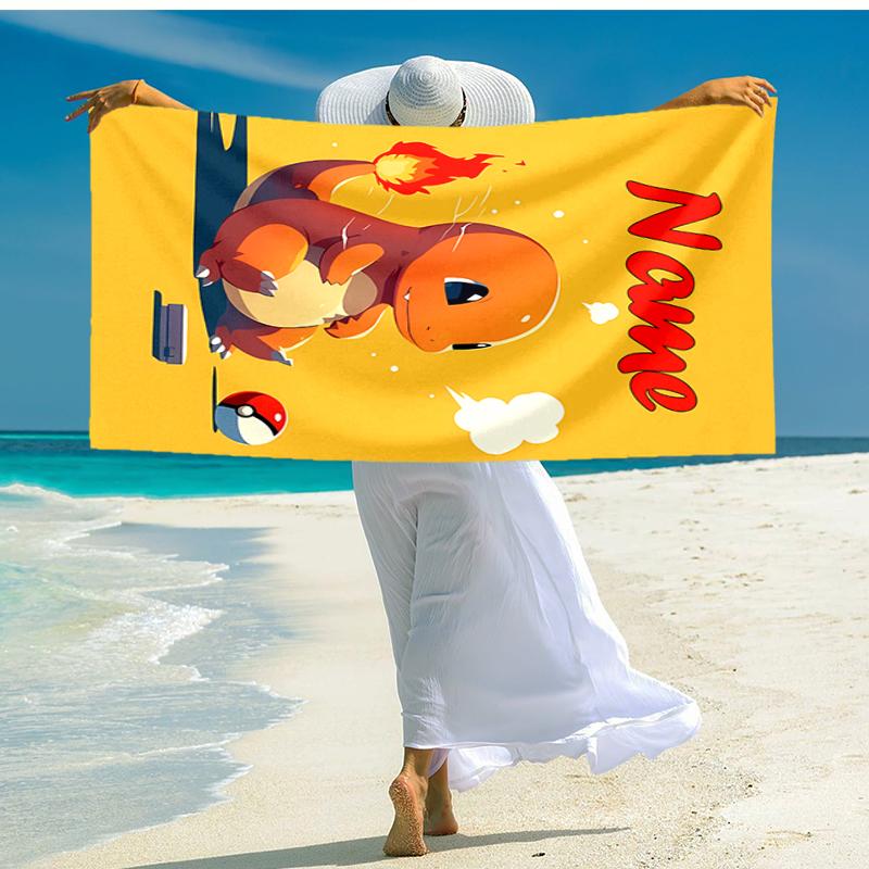 Personalized customized proof beach towel with Pokémon Charmander pattern - soft, absorbent,quick-drying,perfect swimming,camping&bathing