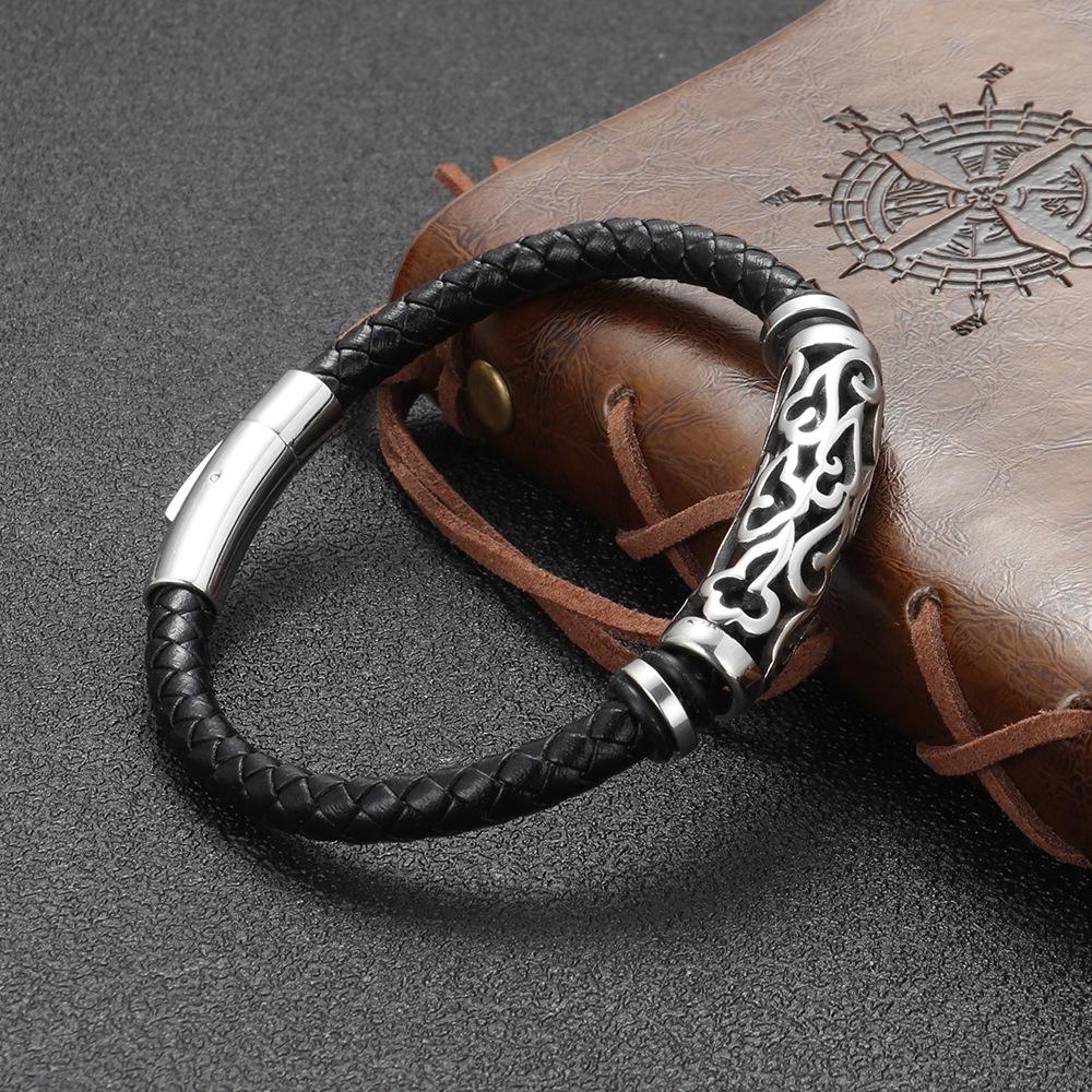 Vintage Stainless Steel Openwork Engraved Leather Mens Bracelet Woven Titanium Steel Viking Bracelet