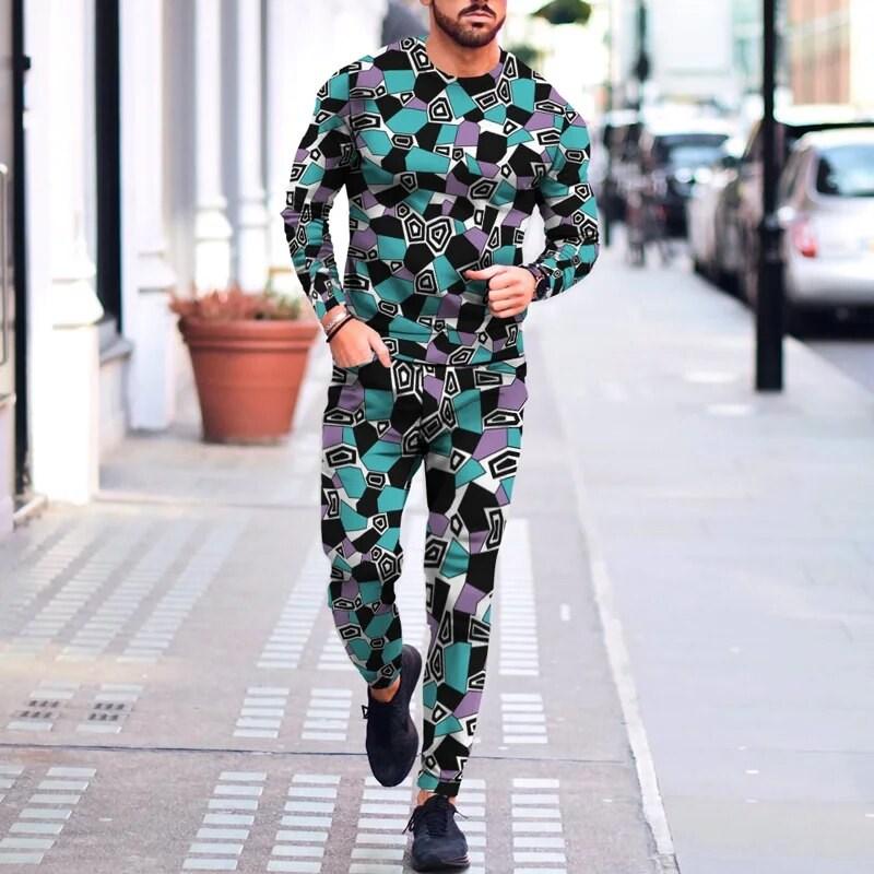 2024 Men's Long Sleeve T-shirt Two-piece European Charm 3d Printed Pattern Popular Street Wear  Loose Suit