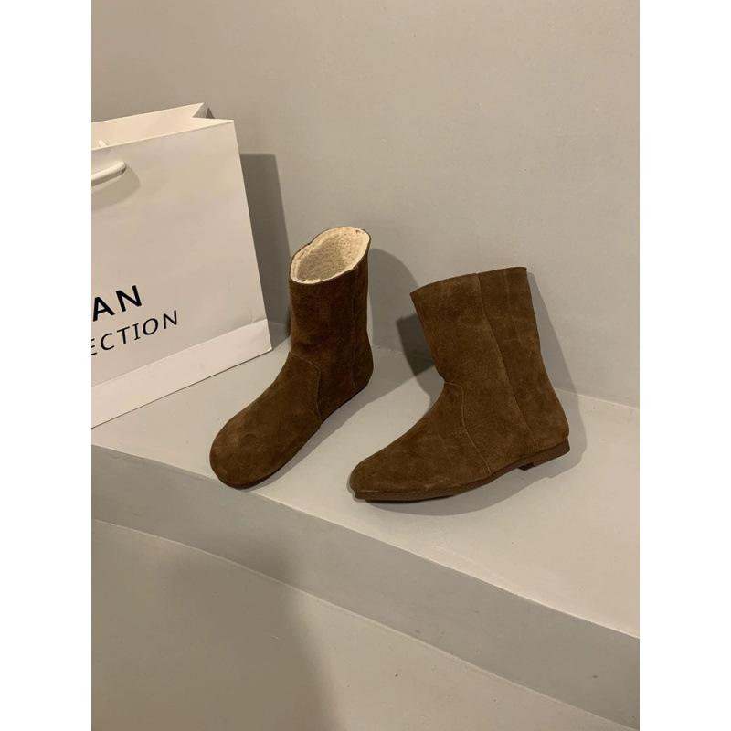 Autumn and winter round head flat bottom thin short boots women's retro literary and artistic fur versatile temperament comfortable Martin boots