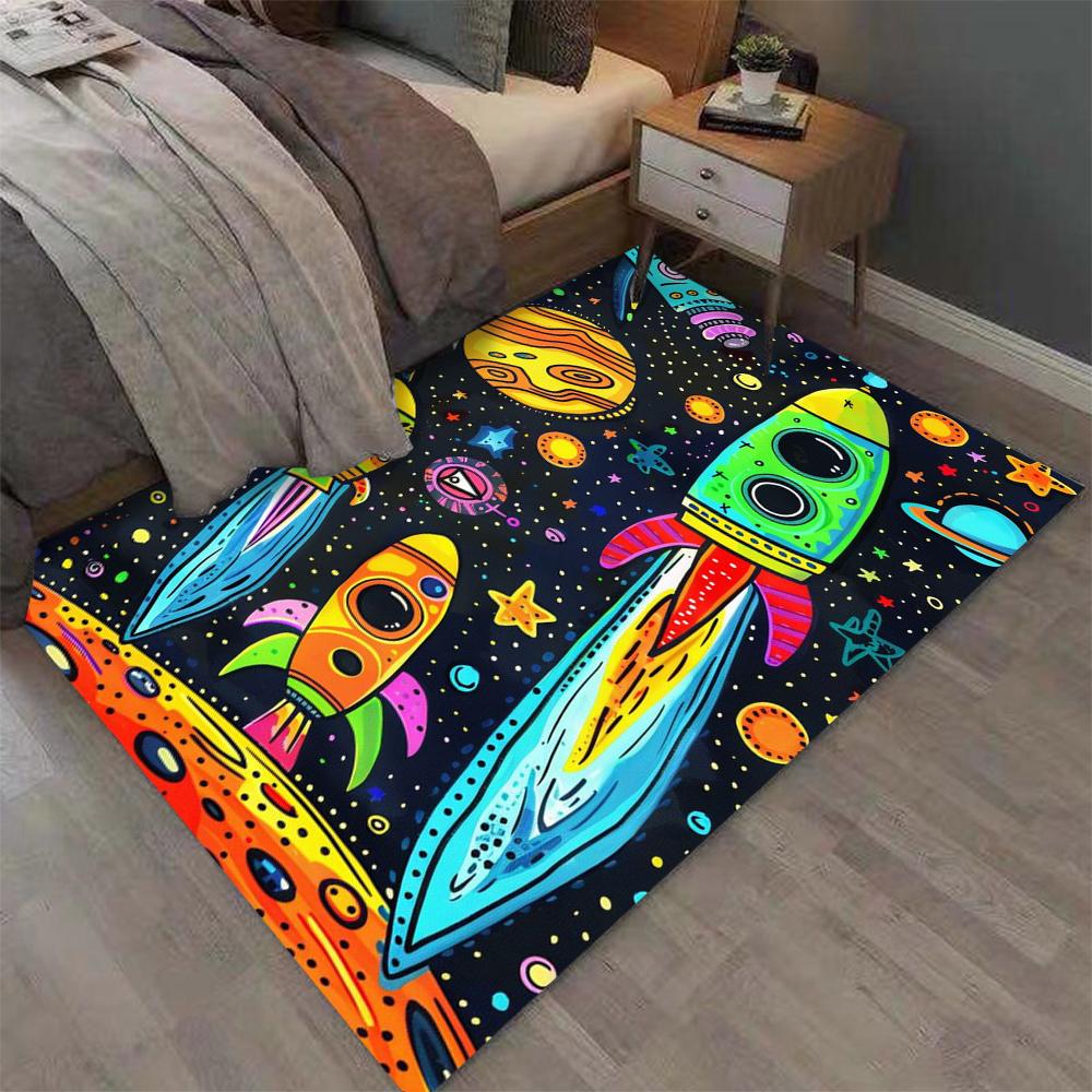 Space Rocket Planet Print Carpet Kids Bedroom Rug Exquisite Non-slip Soft Mat Galaxy Theme Home Decoration Living Room Floor Mat