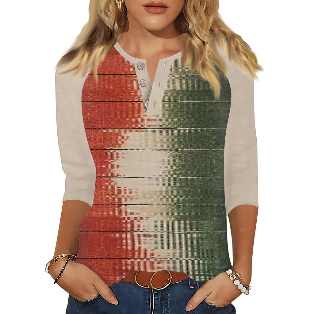 T-skjorte med trykkknapp for kvinner 3/4-ermet Daglig helgmote Basic V-hals vanlig topp
