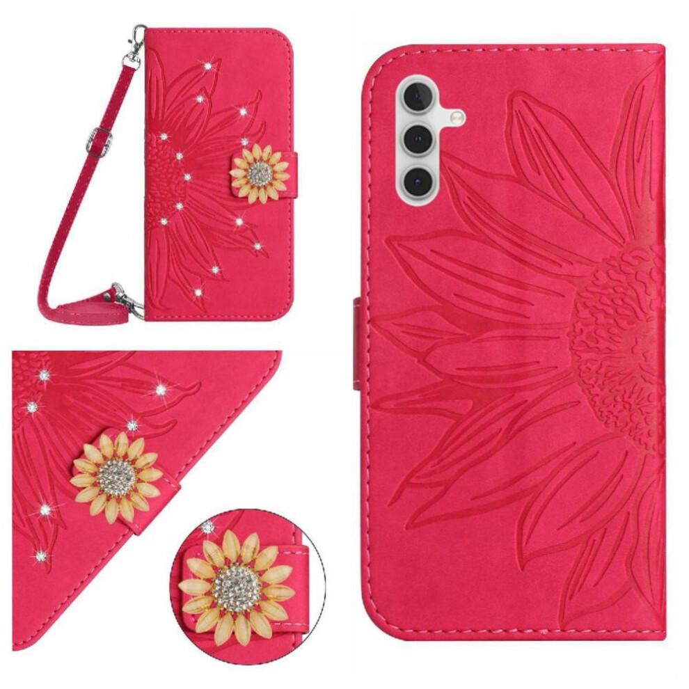 (Rose red ) Flip Case for Samsung Galaxy A17 Sunflower Leather Wallet with Card Slot Stand with A Long Lanyard Kickstand Protective