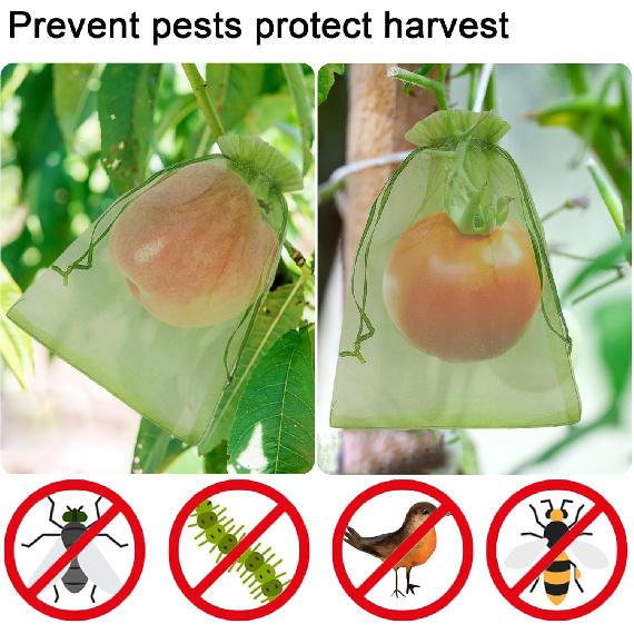 100 Pcs Fruit Protection Bags, 8 x 12 Inch Green Netting Cover Bags with Drawstring, Pest Barrier for Fruit Trees, Garden Fruit Cover Mesh Bag for
