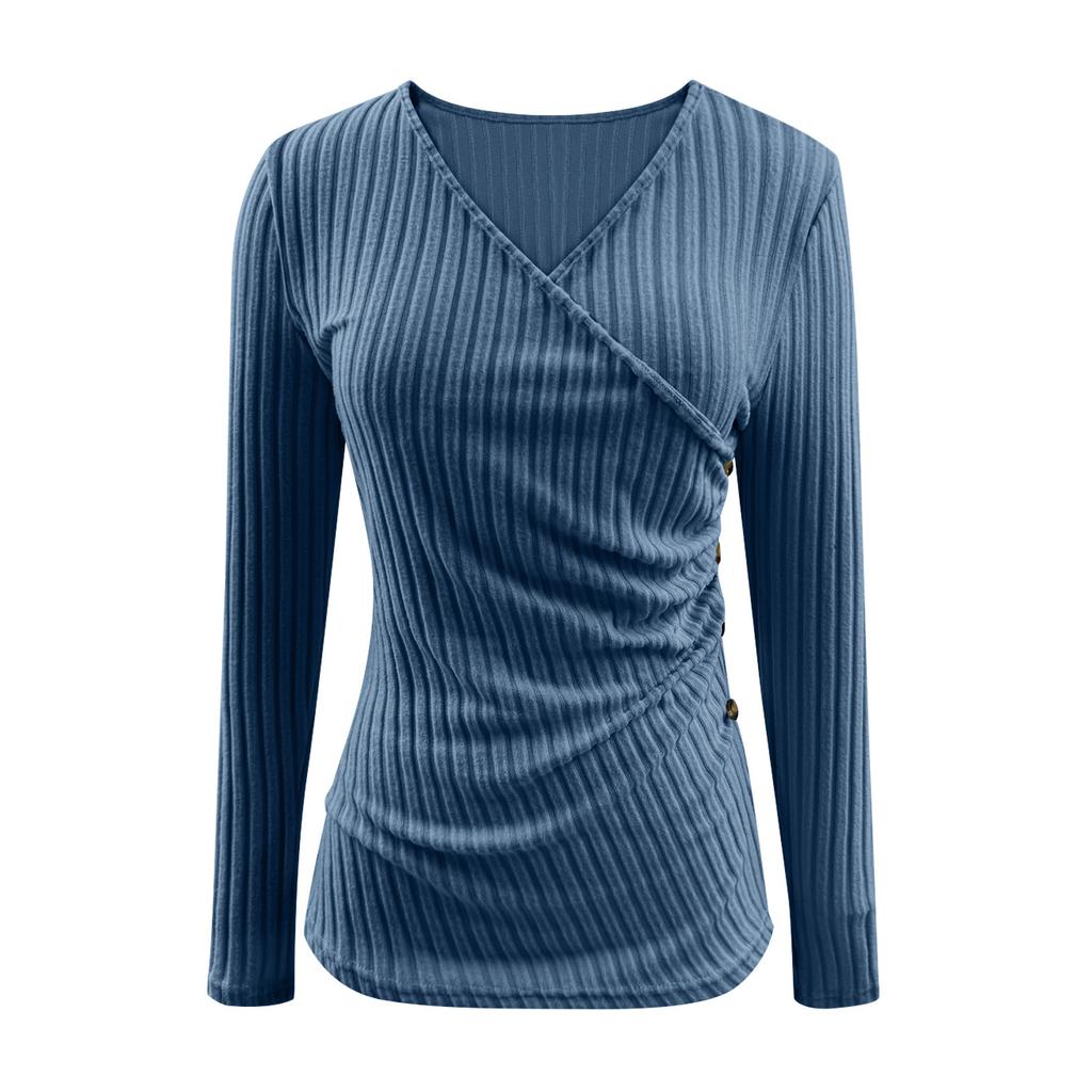Women's Fashion Casual Long-Sleeve V-Neck -Color Pullover Knit Top
