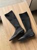 Simple Leather Flat-bottomed Elastic Boots Women's French Square Head Thin Boots Tall Knight Boots Long Boots
