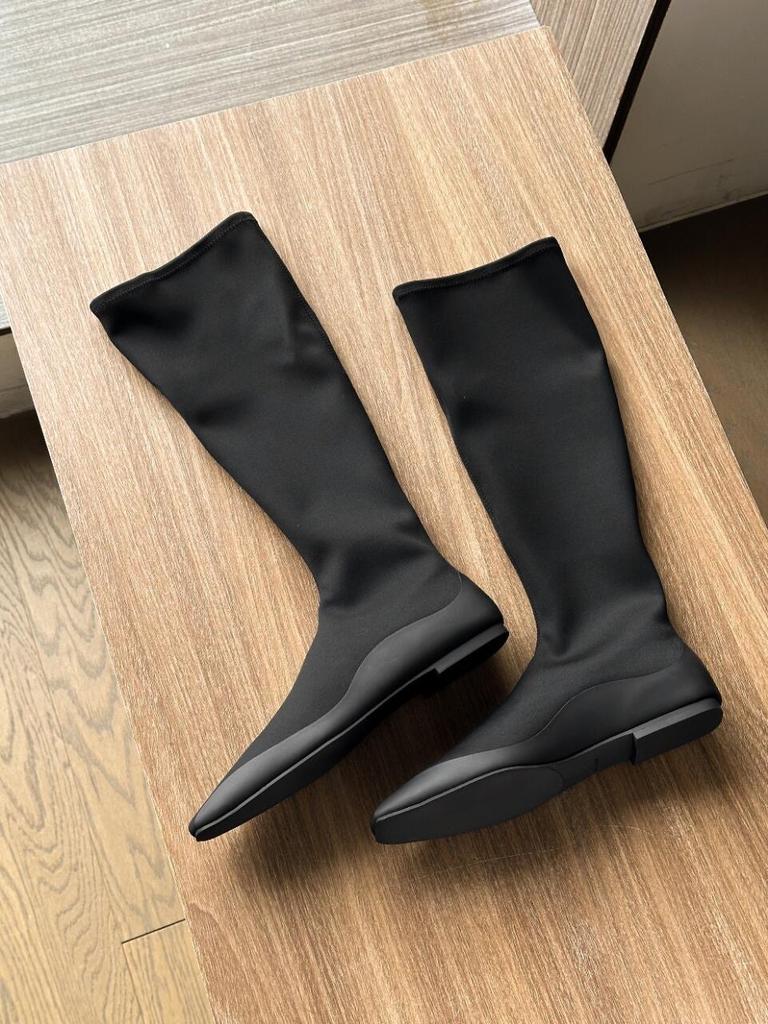Simple Leather Flat-bottomed Elastic Boots Women's French Square Head Thin Boots Tall Knight Boots Long Boots