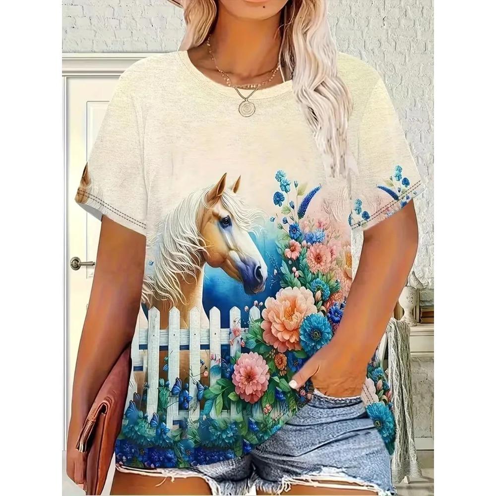 Summer Women's Loose Plus Size Creative Animal Print 3D Short Sleeved T-shirt Fashionable Comfortable Soft Breathable Short Sleeved T-shirt