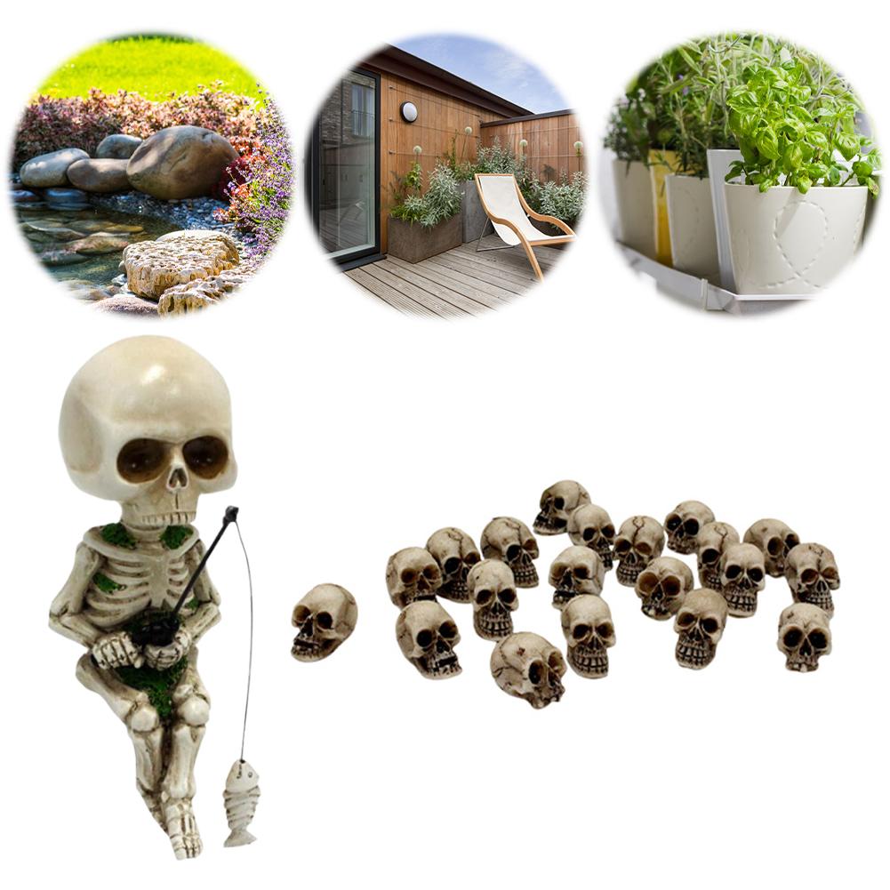 Resin Mini Skull Figurines Halloween Decor Cute Skeleton Gnome Figurine 20PCS Mini Skull Heads for Outdoor Garden Yard Lawn Pond